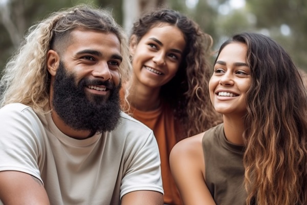 One man and two women sitting down and smiling