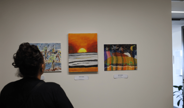 A woman looking at three pieces of aboriginal art depicting sunset, the night sky and one more thing