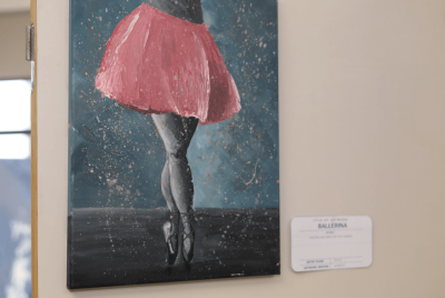 A painting of a grey ballerina wearing a pink tutu