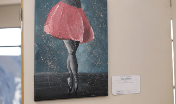 A painting of a grey ballerina wearing a pink tutu
