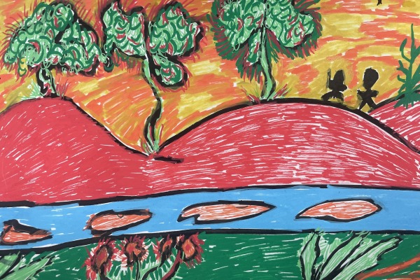 A piece of art depicting red hills, trees, a river and some people in the distance