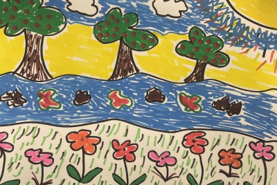 A child's drawing of trees and flowers surrounding a river on a sunny day