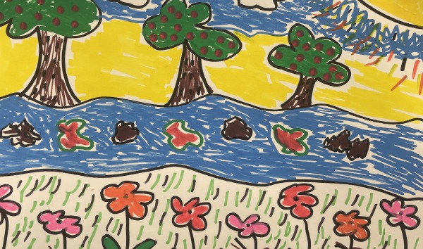 A child's drawing of trees and flowers surrounding a river on a sunny day