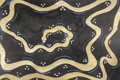A piece of art depicting a gold snake against a black background