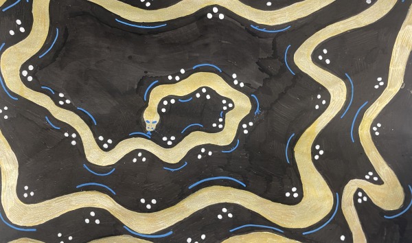 A piece of art depicting a gold snake against a black background