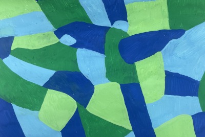 A blue and green piece of abstract art