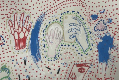 A piece of art featuring hands, faces and abstract shapes