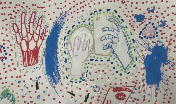 A piece of art featuring hands, faces and abstract shapes