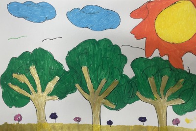 A child's drawing of trees on a sunny day