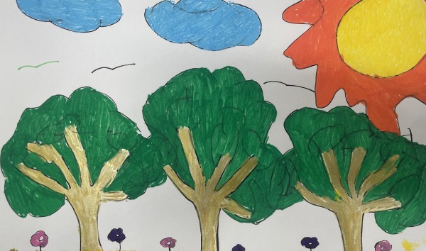 A child's drawing of trees on a sunny day