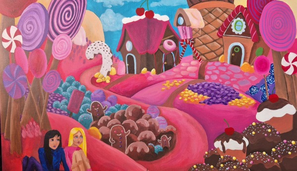 A painting of two children in a world made of candy from a heart and soul exhibition